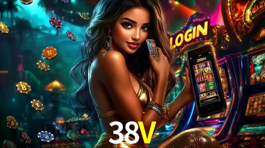 Mulher em um cenário de cassino temático de aventura, mostrando o app de caça-níqueis da 38V no celular. Fichas de apostas flutuam ao redor.