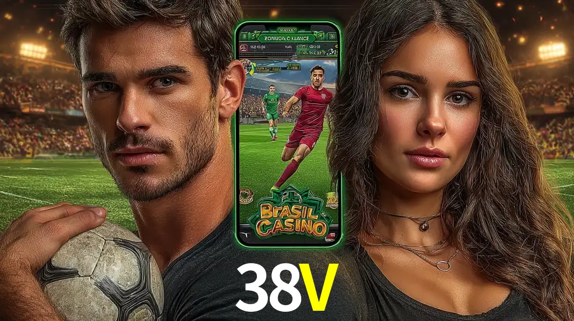 Homem segurando uma bola de futebol e uma mulher ao lado de um smartphone exibindo o jogo de apostas esportivas da 38V. Faça seu palpite no cassino online.